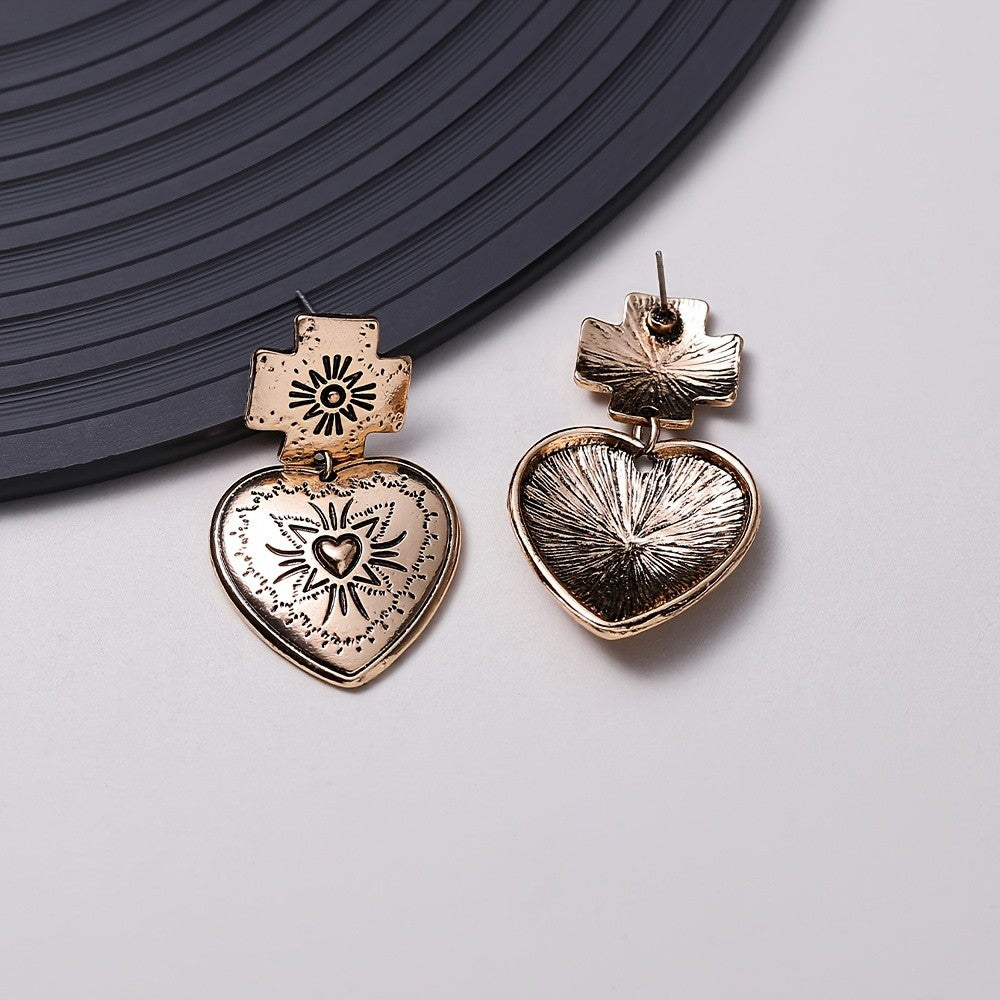 Ornate Cross Heart Drop Earrings