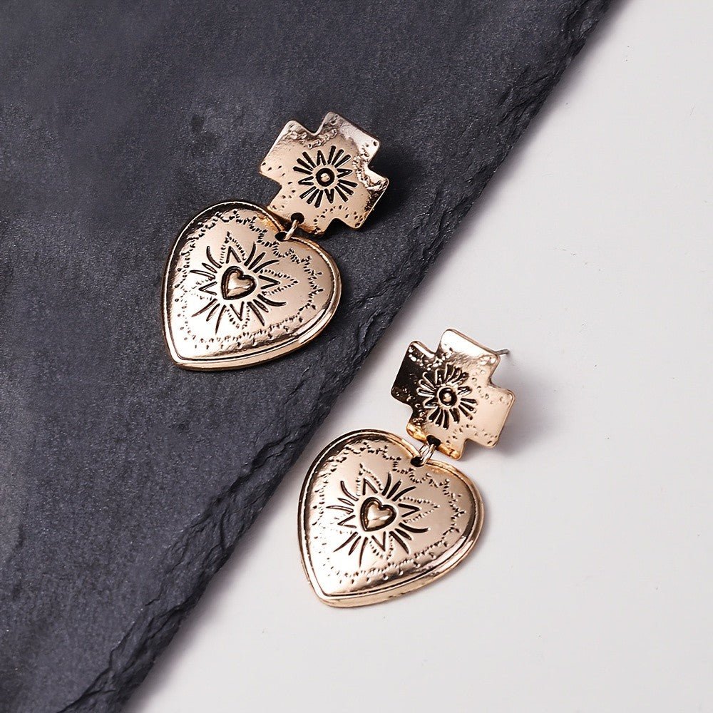 Ornate Cross Heart Drop Earrings