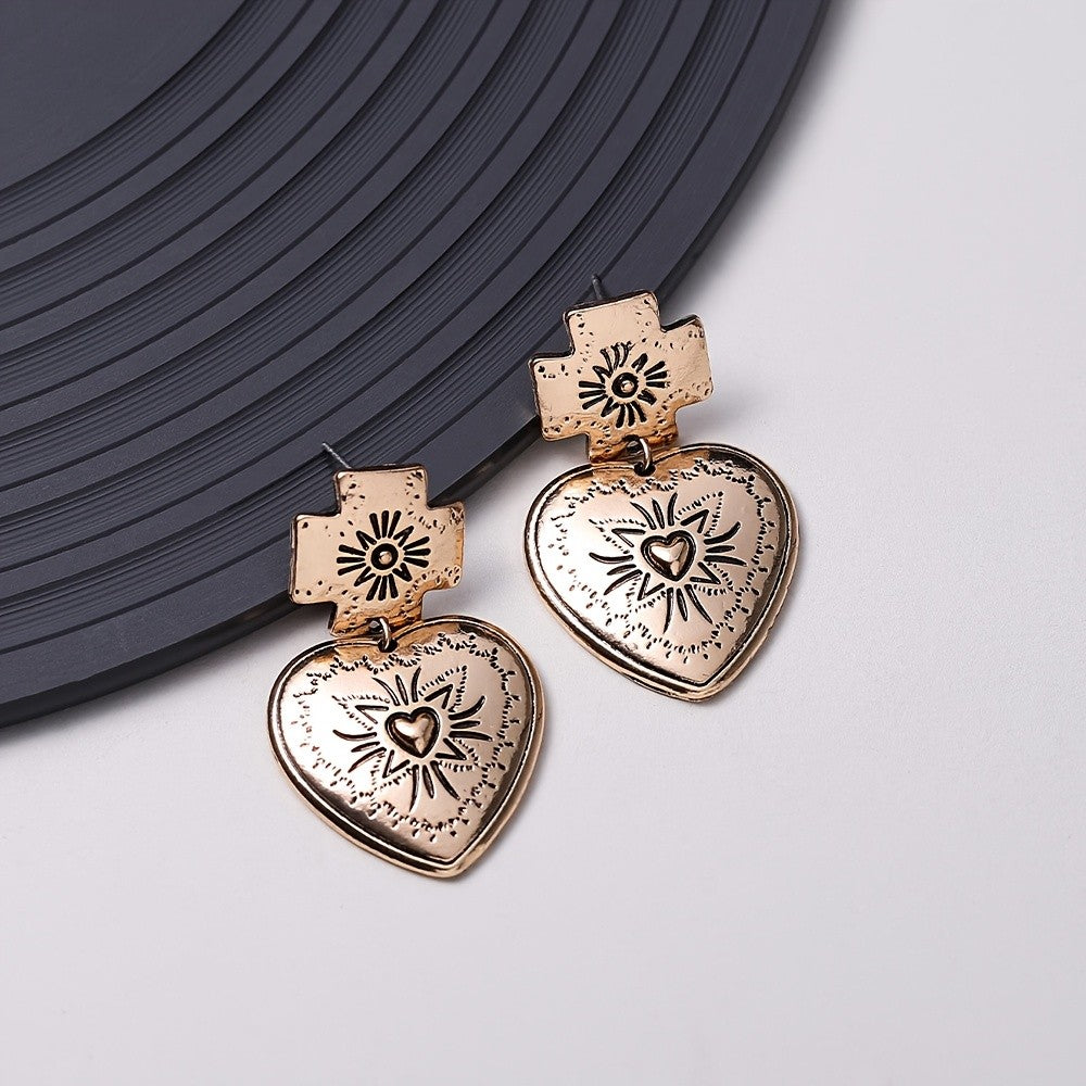 Ornate Cross Heart Drop Earrings