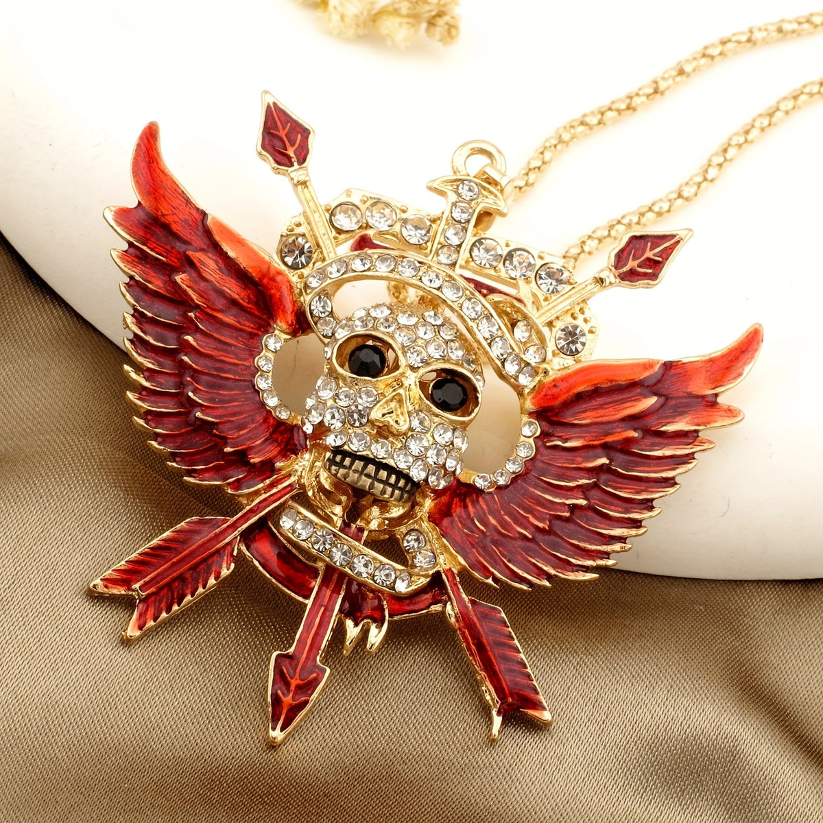 Gothic Winged Skull Rhinestone Necklace