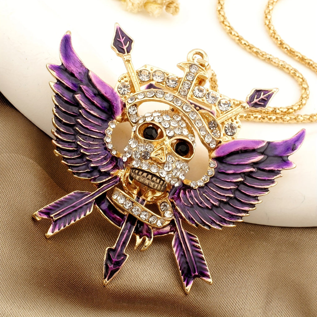 Gothic Winged Skull Rhinestone Necklace