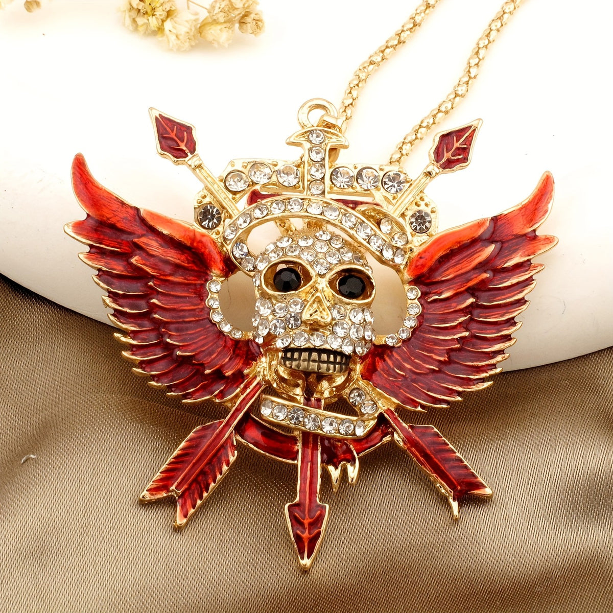Gothic Winged Skull Rhinestone Necklace