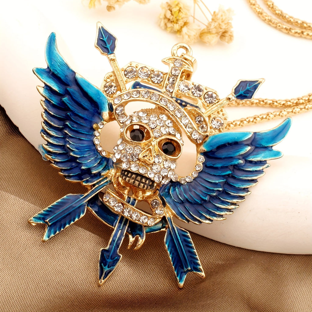 Gothic Winged Skull Rhinestone Necklace