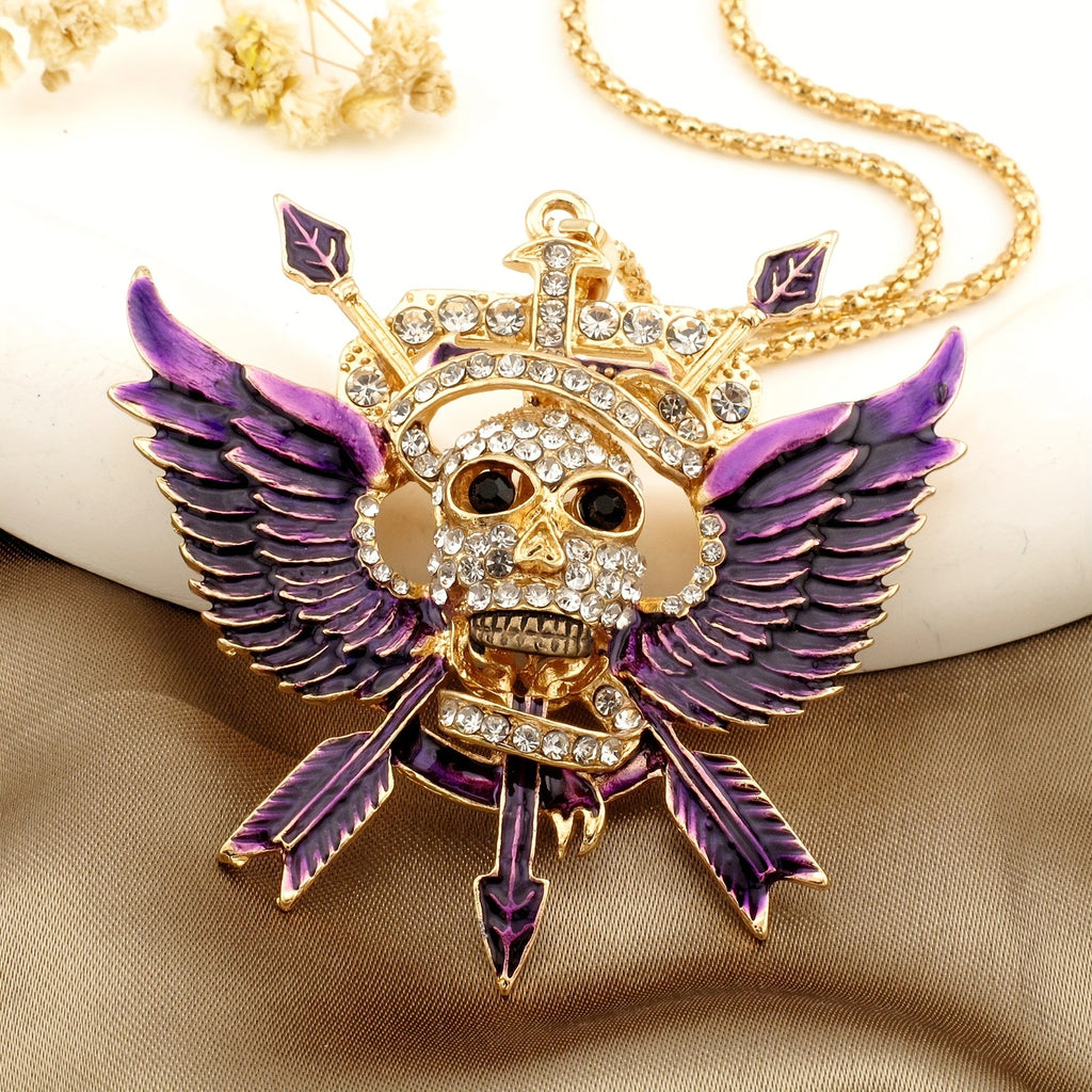 Gothic Winged Skull Rhinestone Necklace