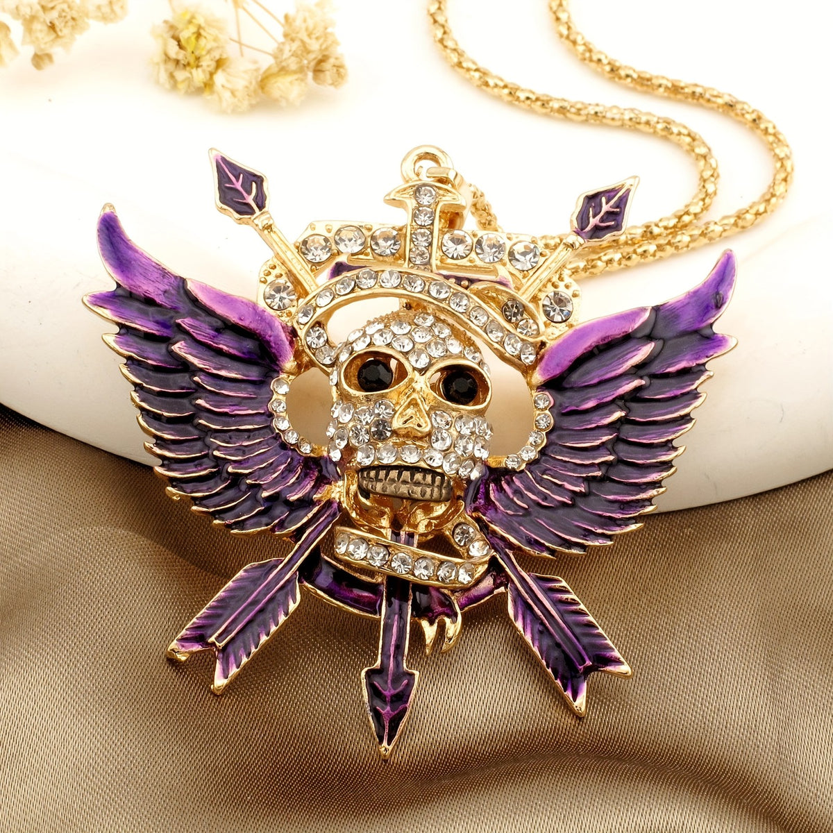 Gothic Winged Skull Rhinestone Necklace