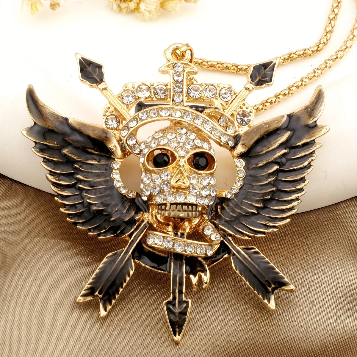 Gothic Winged Skull Rhinestone Necklace