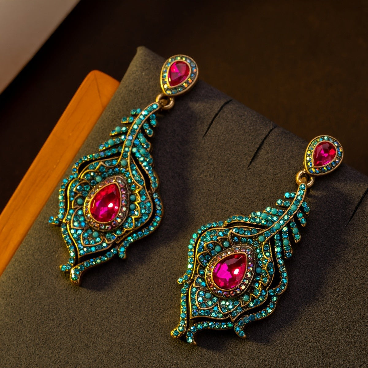 Regal Peacock Feather Drop Earrings