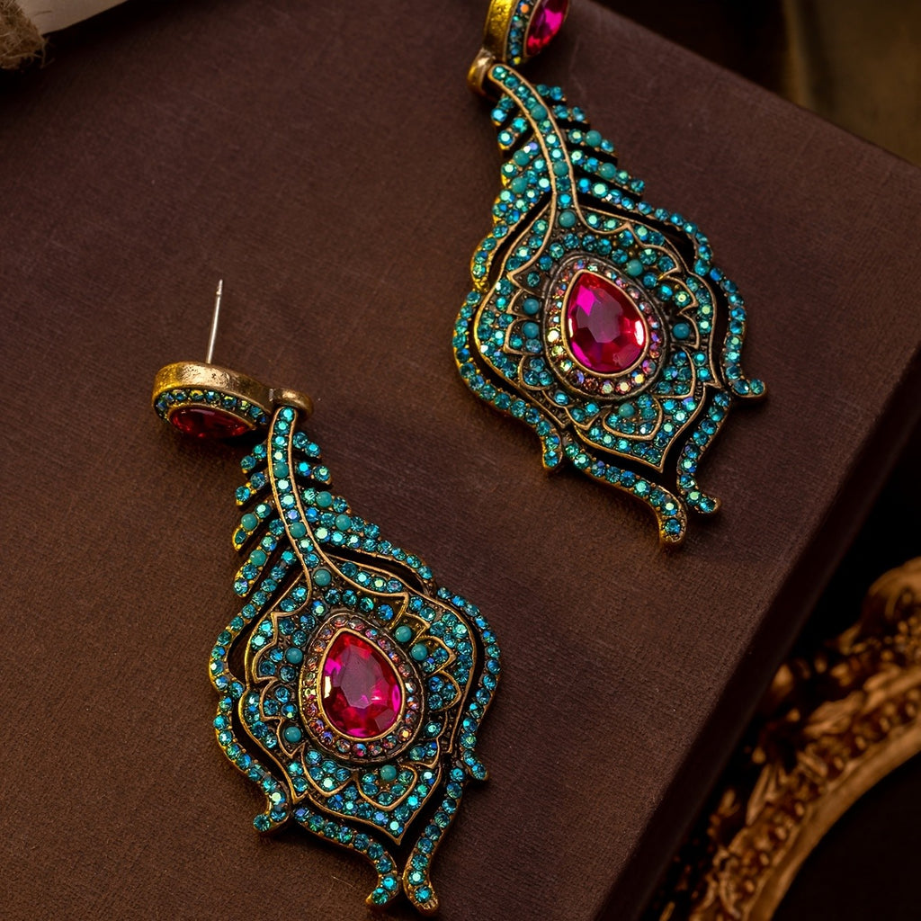 Regal Peacock Feather Drop Earrings