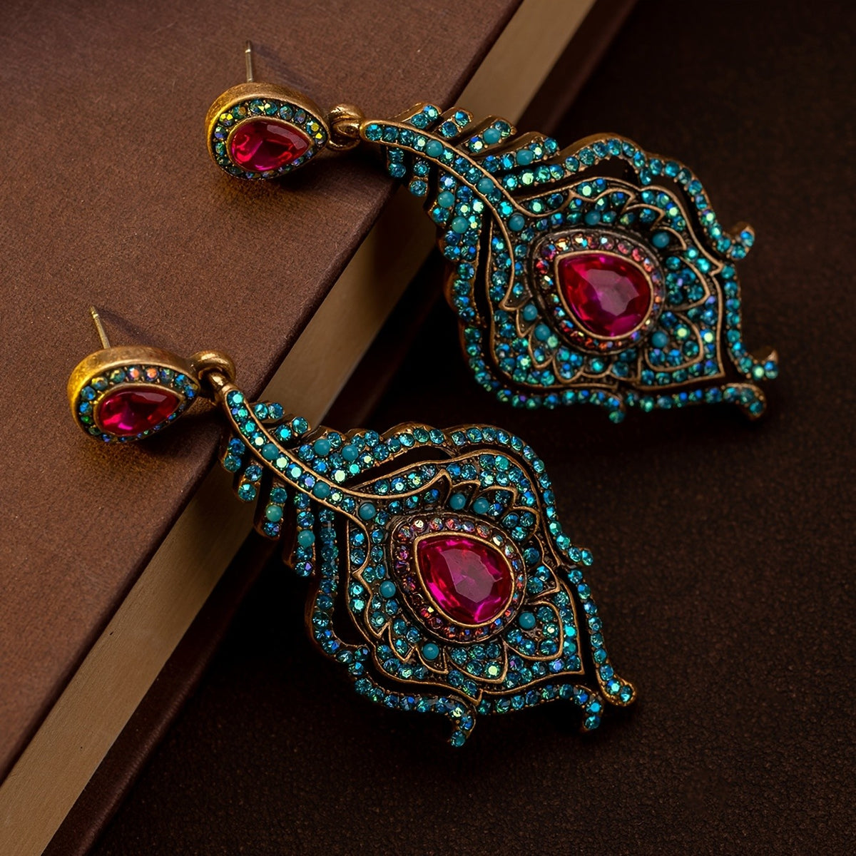 Regal Peacock Feather Drop Earrings