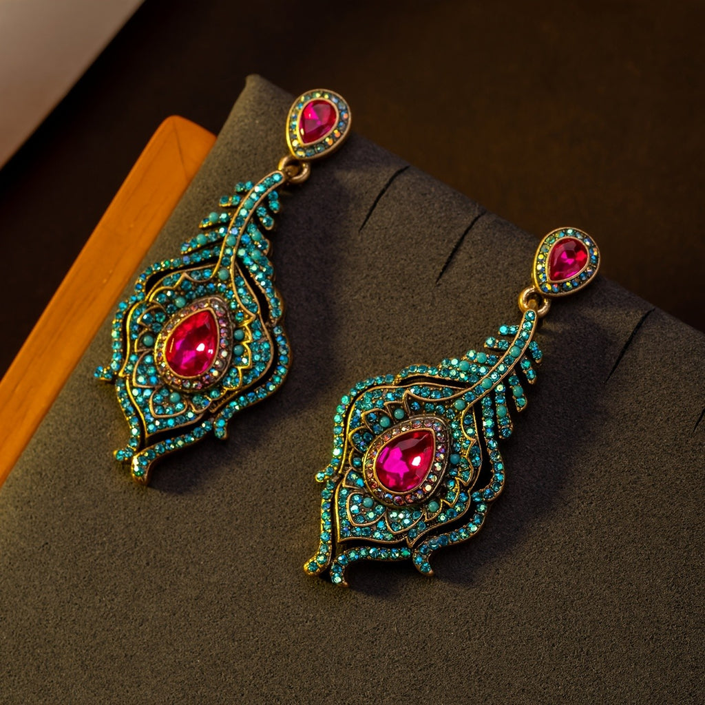Regal Peacock Feather Drop Earrings