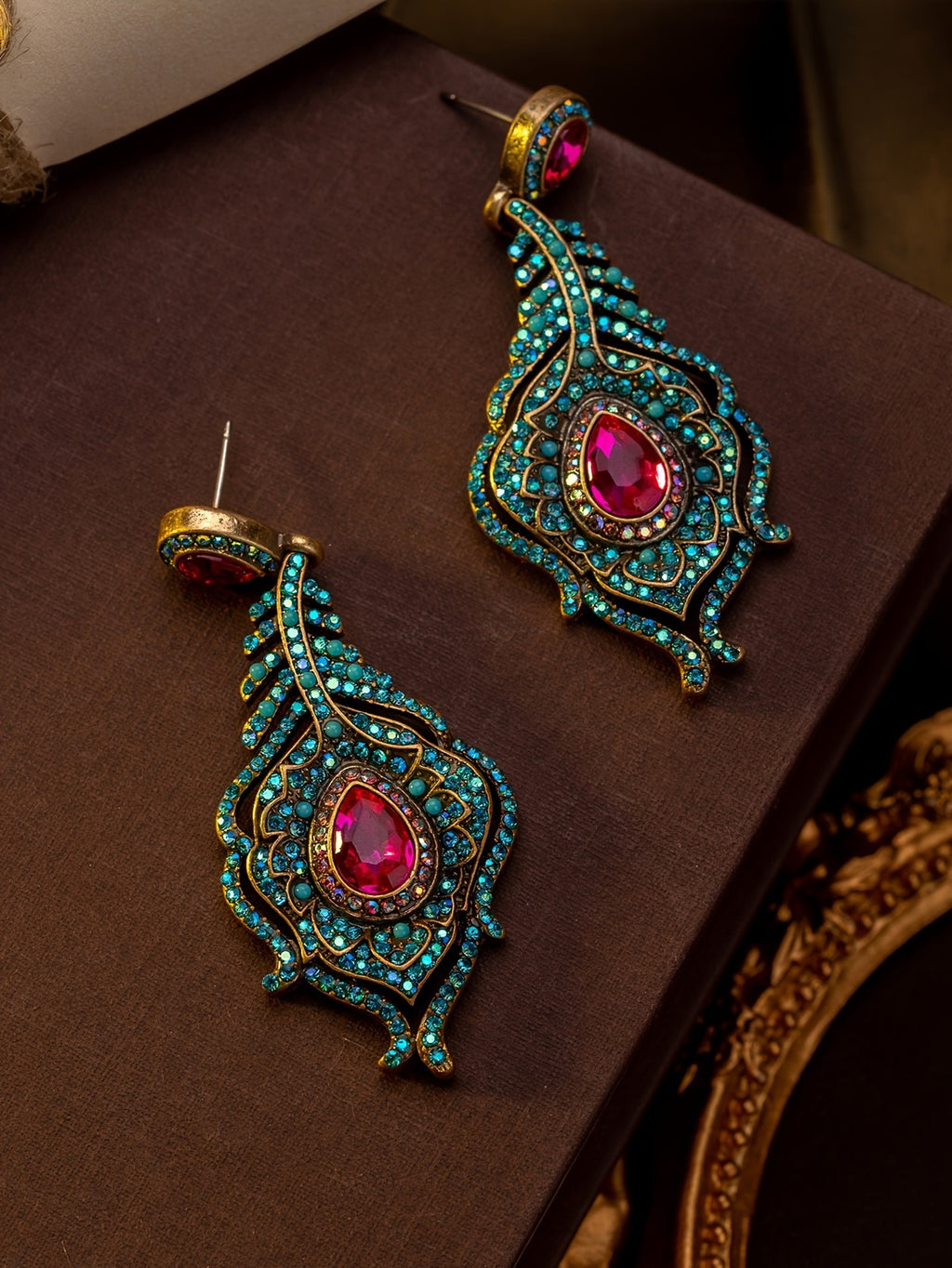 Regal Peacock Feather Drop Earrings