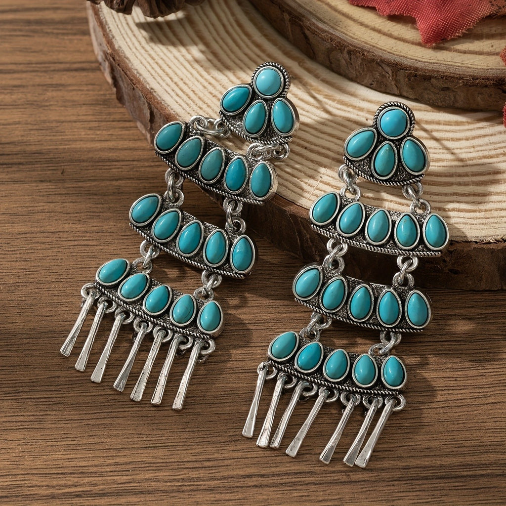 Boho Tiered Turquoise Tassel Earrings