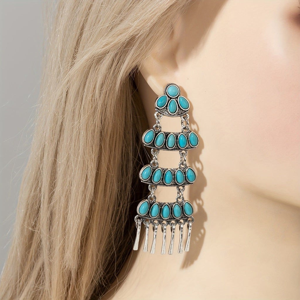 Boho Tiered Turquoise Tassel Earrings