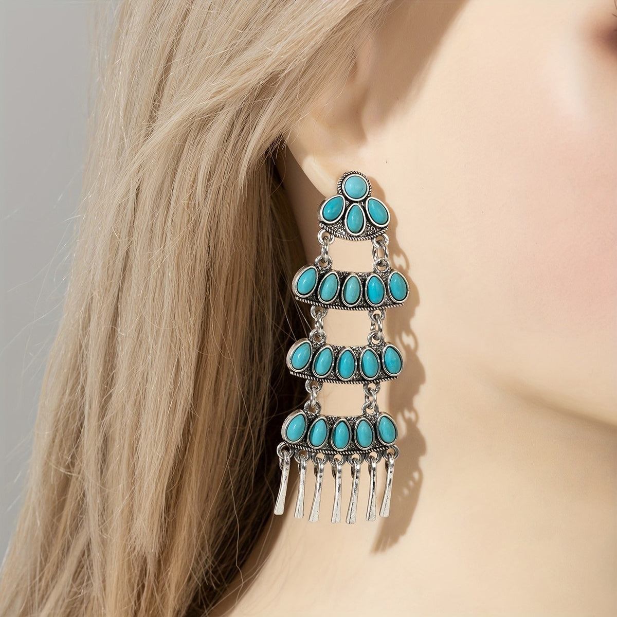 Boho Tiered Turquoise Tassel Earrings