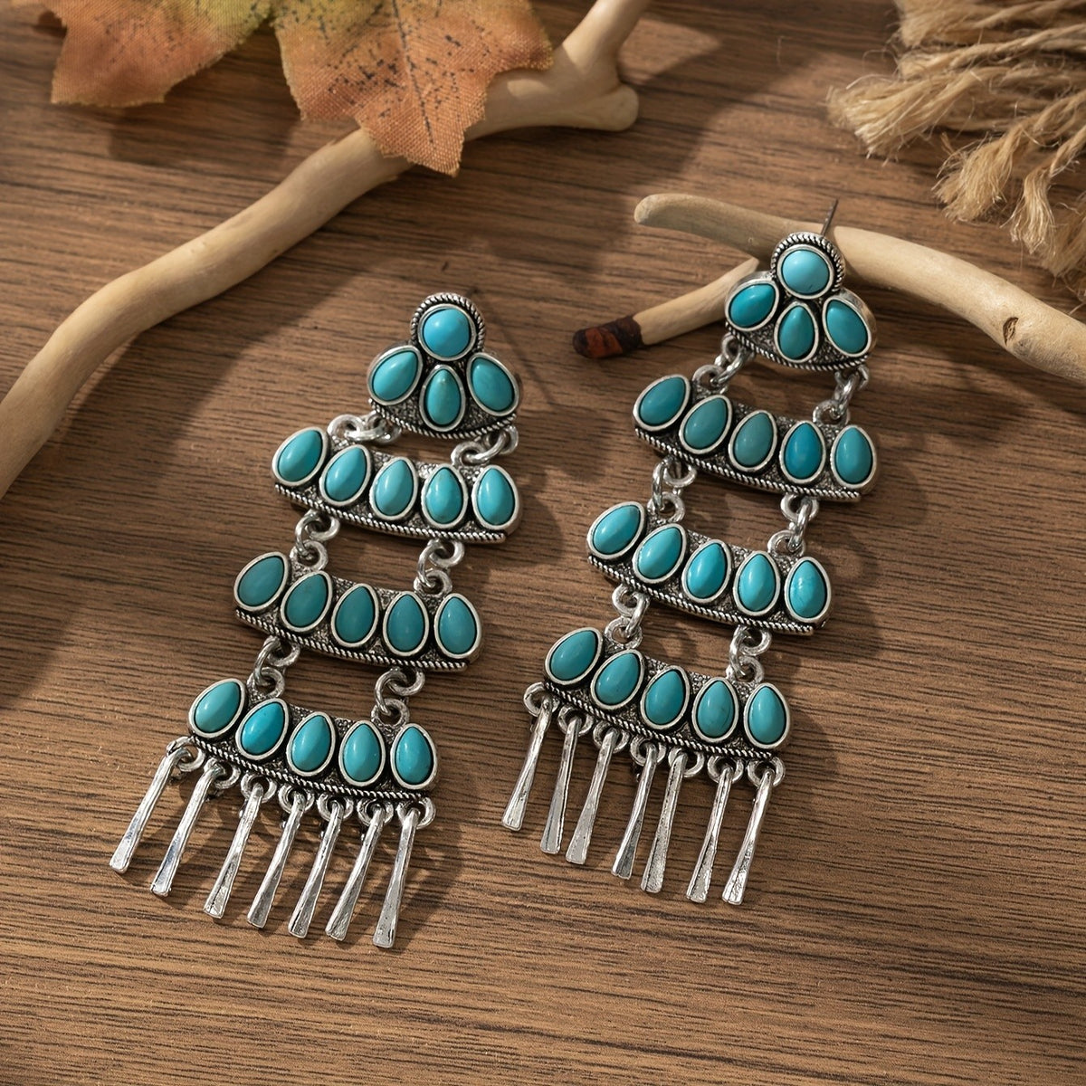 Boho Tiered Turquoise Tassel Earrings