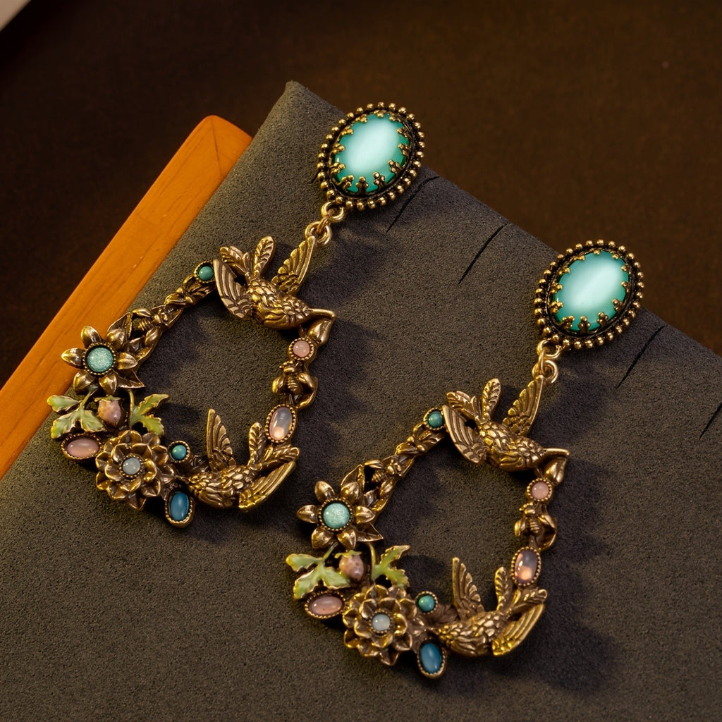 Whimsical Bird Floral Drop Earrings