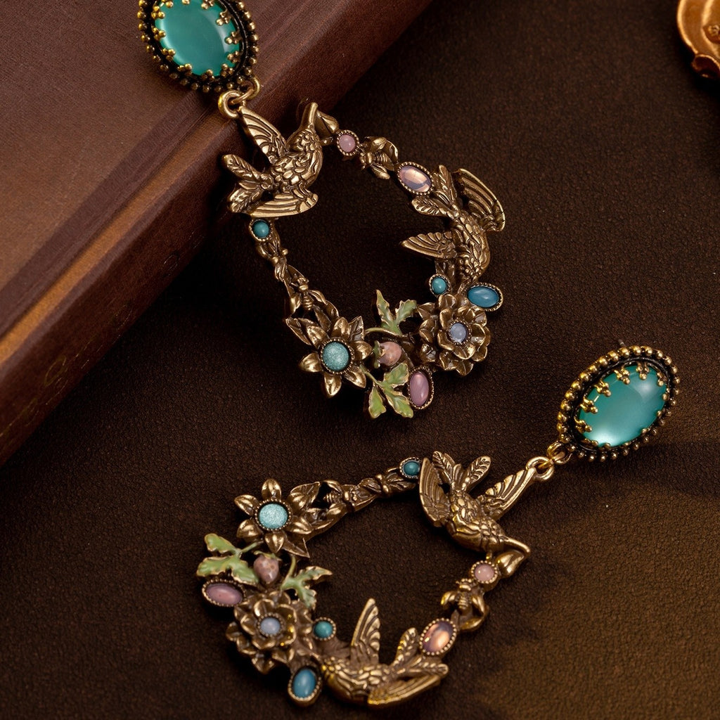 Whimsical Bird Floral Drop Earrings