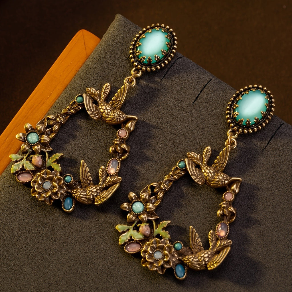 Whimsical Bird Floral Drop Earrings