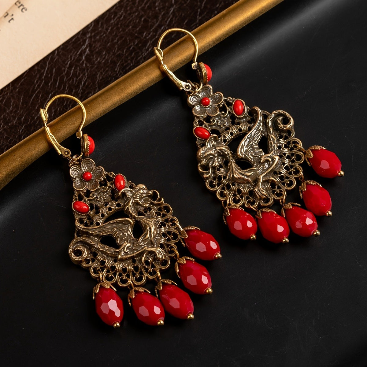Regal Phoenix Red Glass Drop Earrings