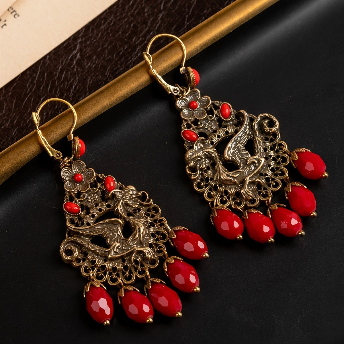 Regal Phoenix Red Glass Drop Earrings