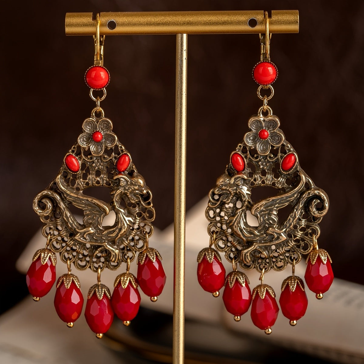 Regal Phoenix Red Glass Drop Earrings
