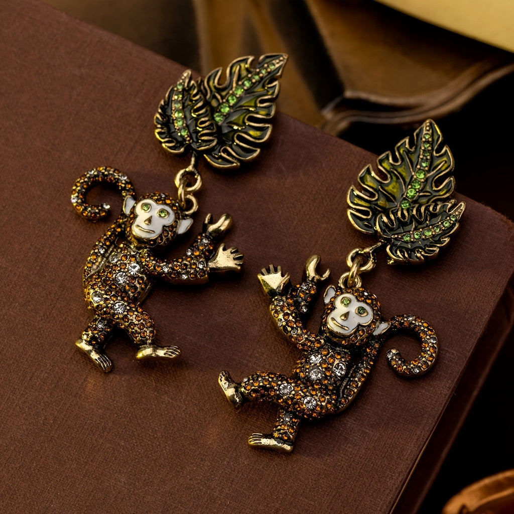 Whimsical Monkey Leaf Drop Earrings