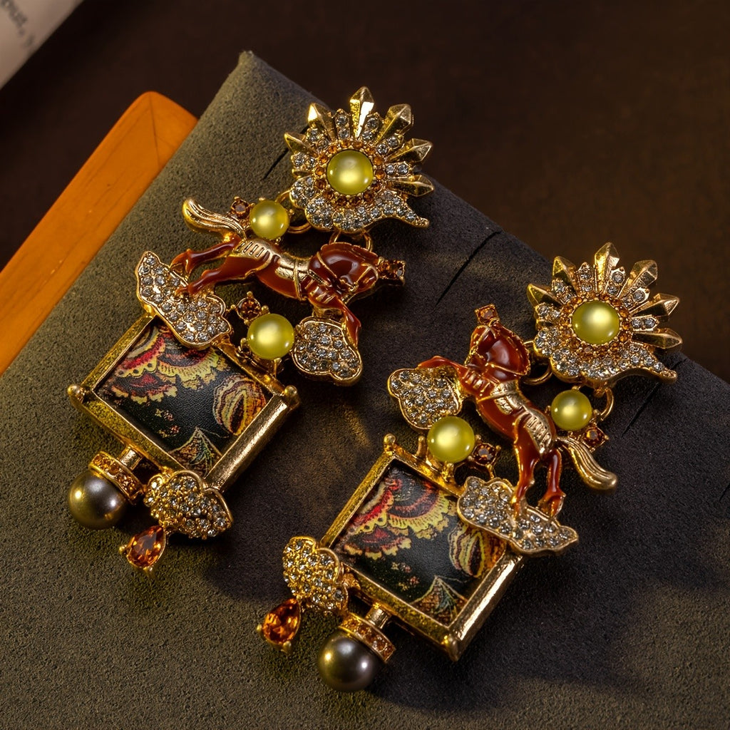 Whimsical Sunflower Horse Drop Earrings