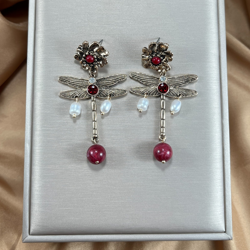Whimsical Dragonfly Floral Drop Earrings