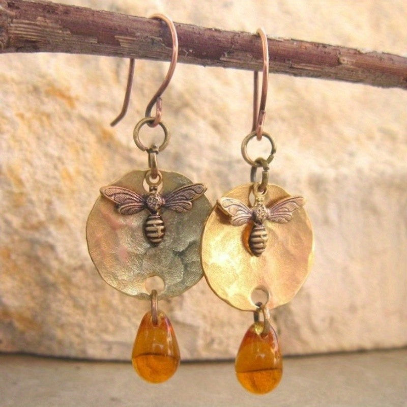 Hammered Bee Drop Earrings