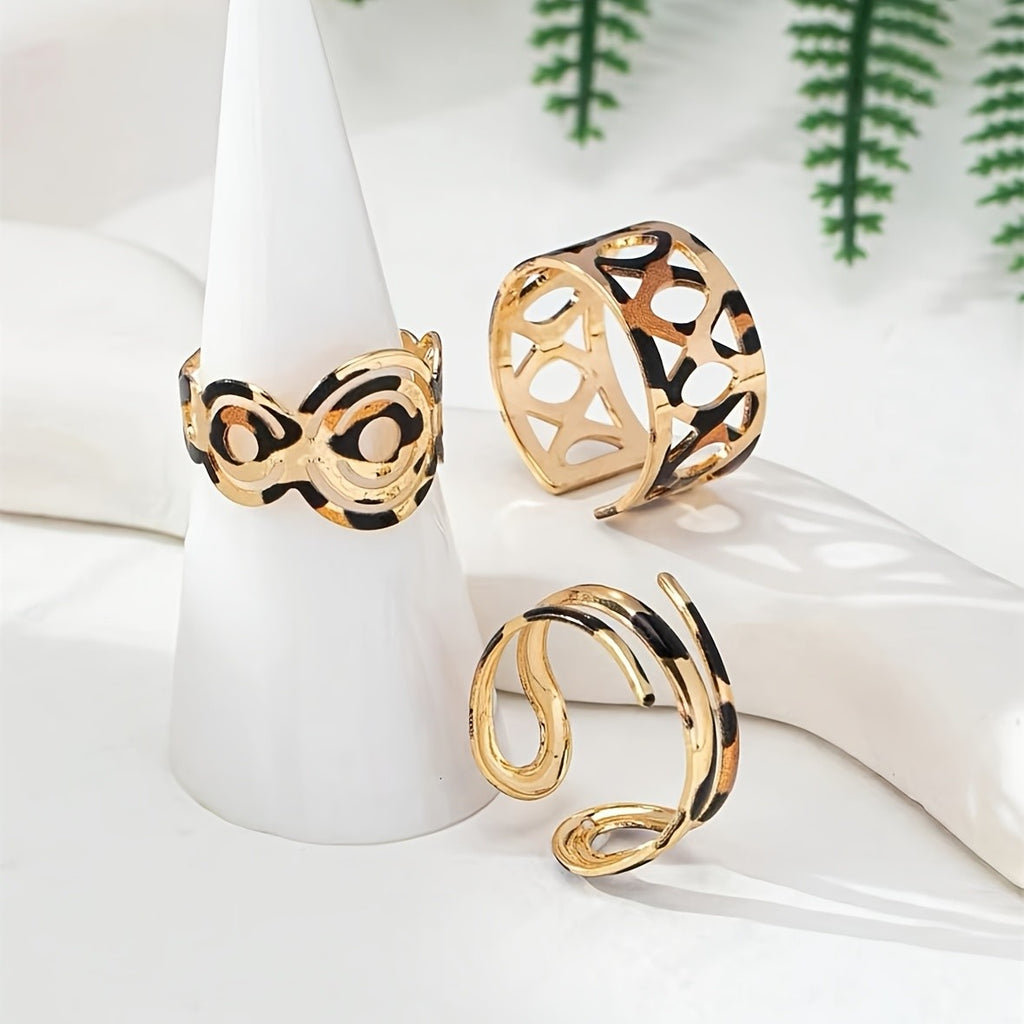 3pc Leopard Print Open Ring Set