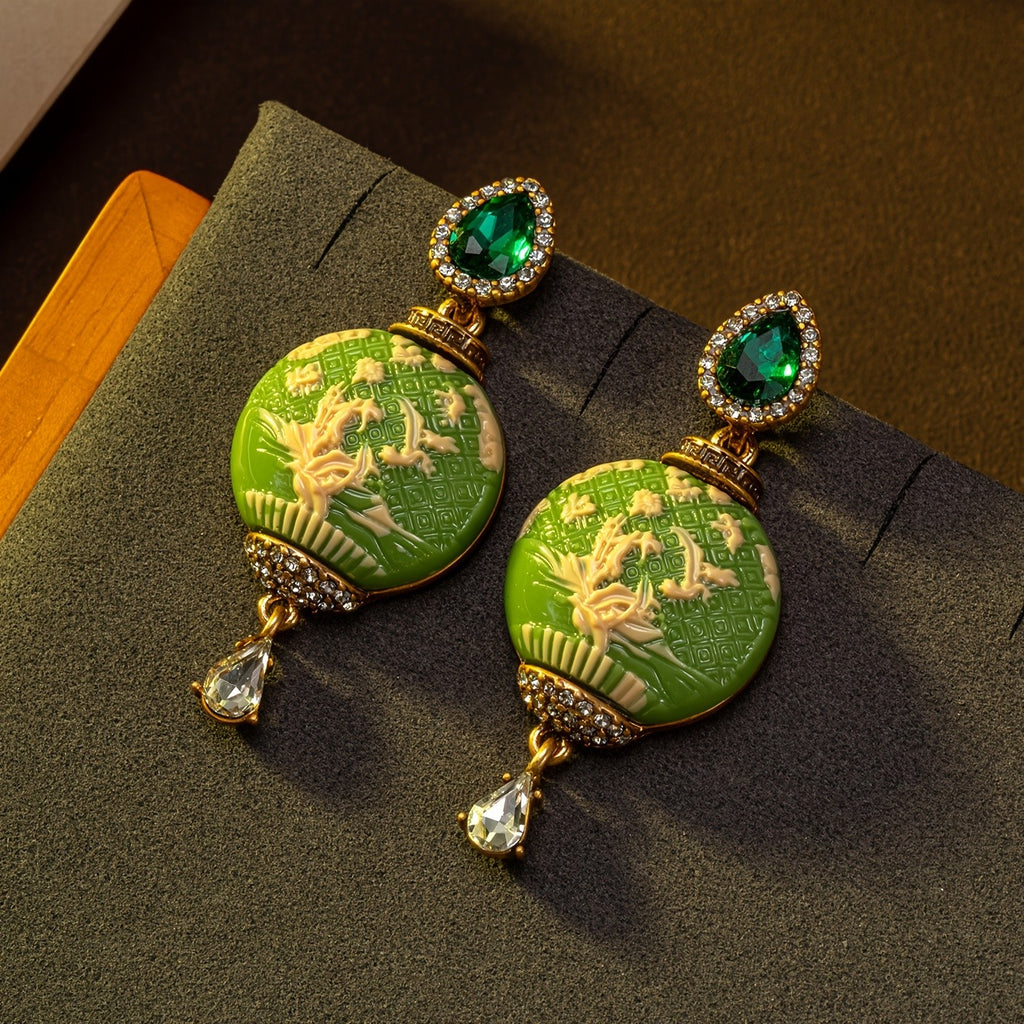 Green Floral Relief Drop Earrings