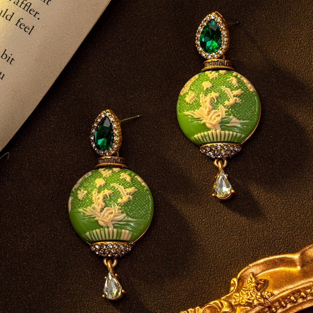 Green Floral Relief Drop Earrings