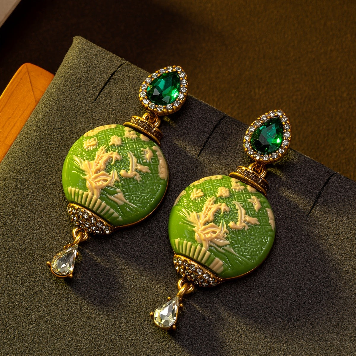 Green Floral Relief Drop Earrings