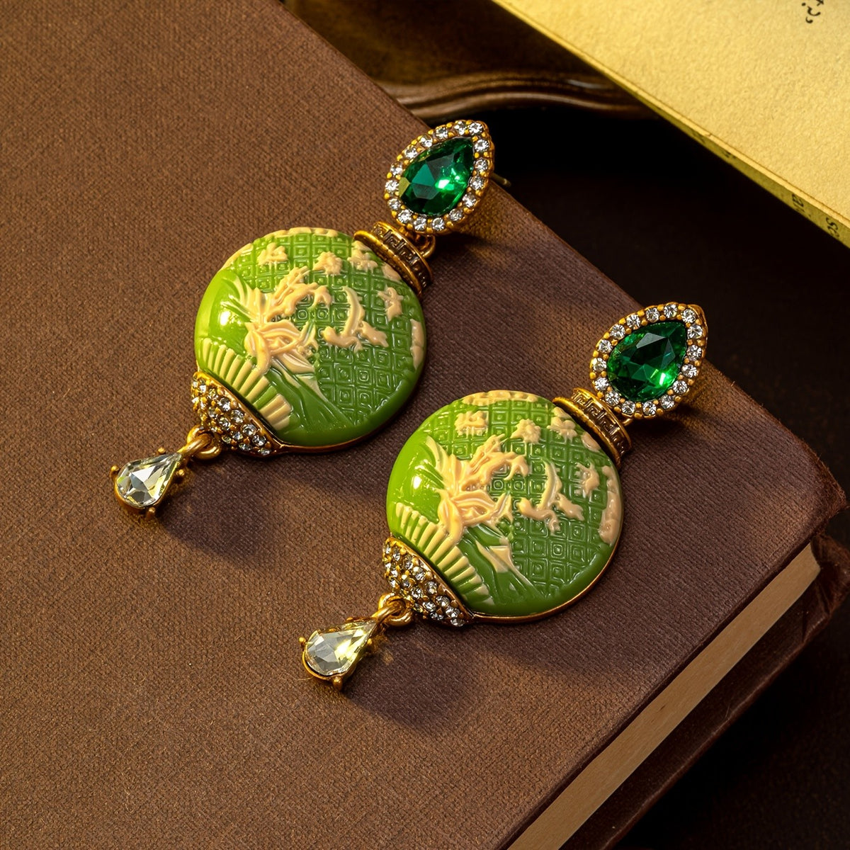 Green Floral Relief Drop Earrings
