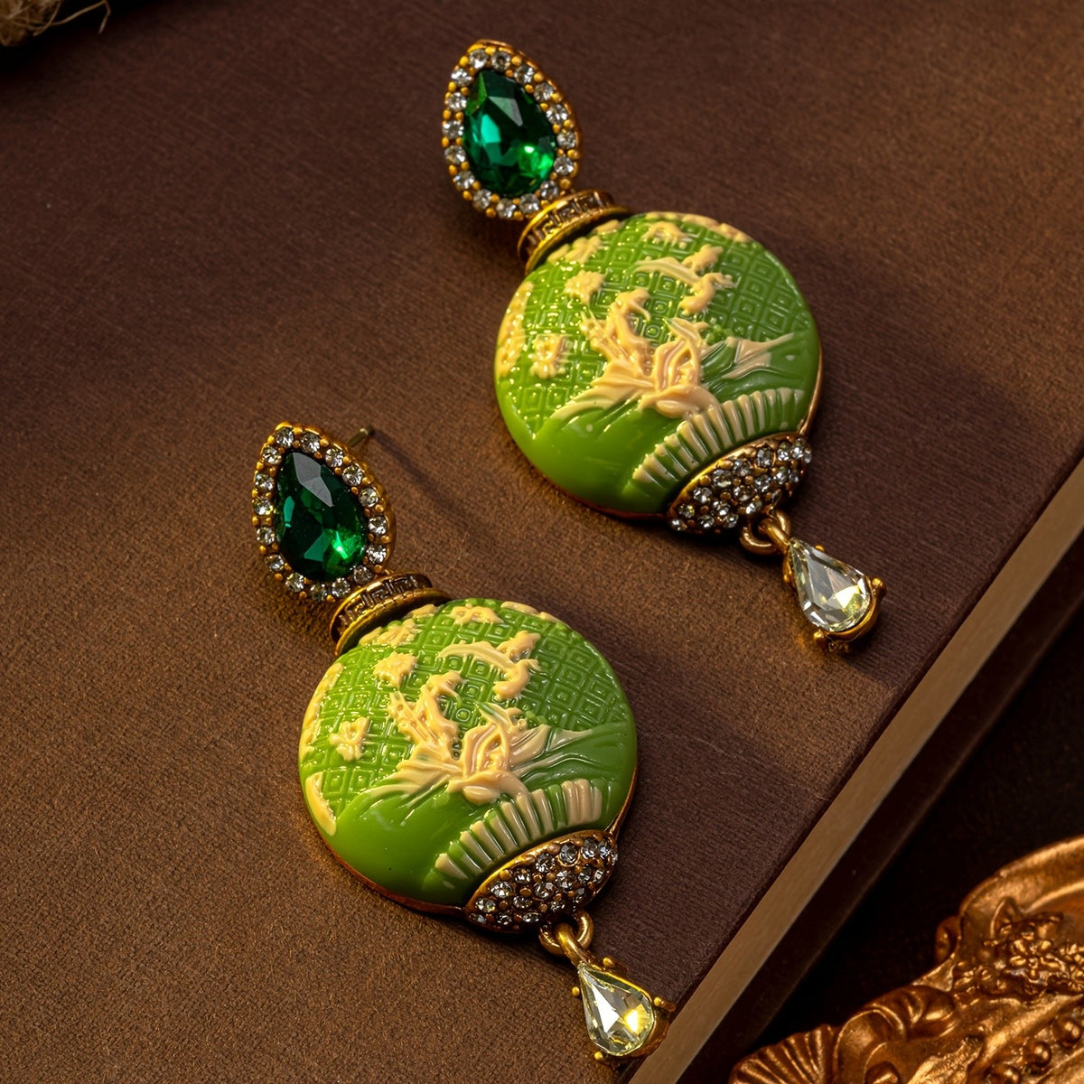 Green Floral Relief Drop Earrings