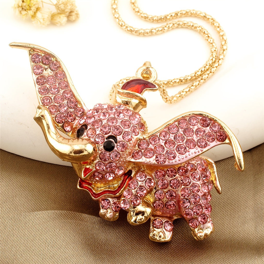 Whimsical Pink Rhinestone Elephant Necklace