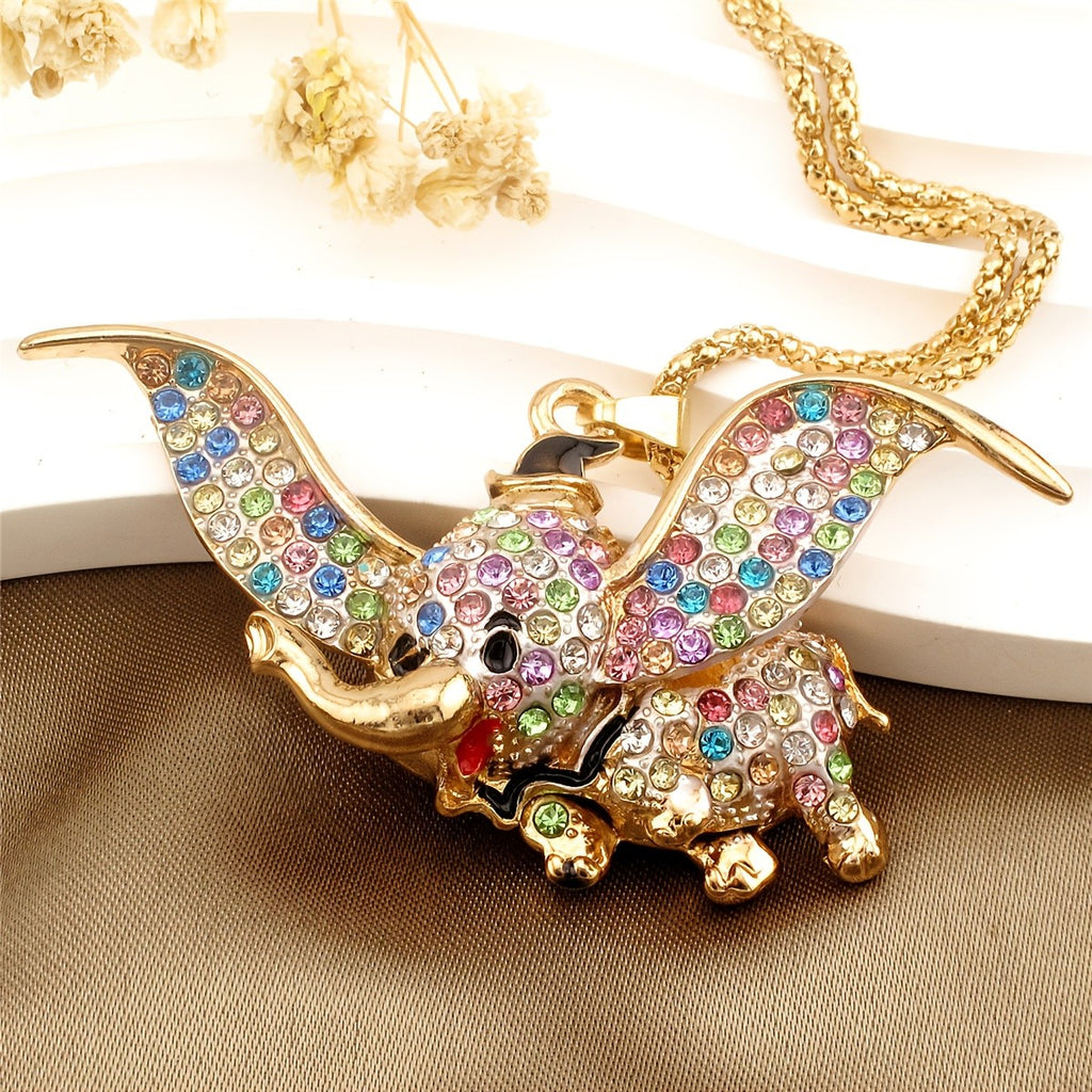Whimsical Pink Rhinestone Elephant Necklace