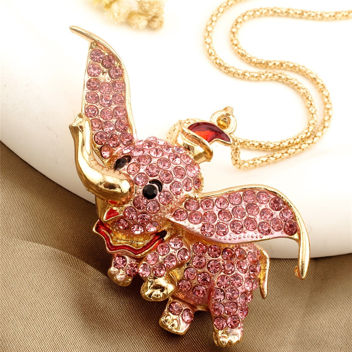 Whimsical Pink Rhinestone Elephant Necklace