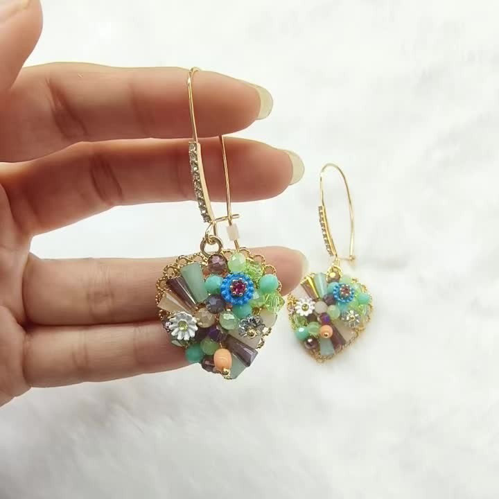 Whimsical Glass Mosaic Heart Drop Earrings