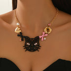 Whimsical Cat Bow Statement Necklace