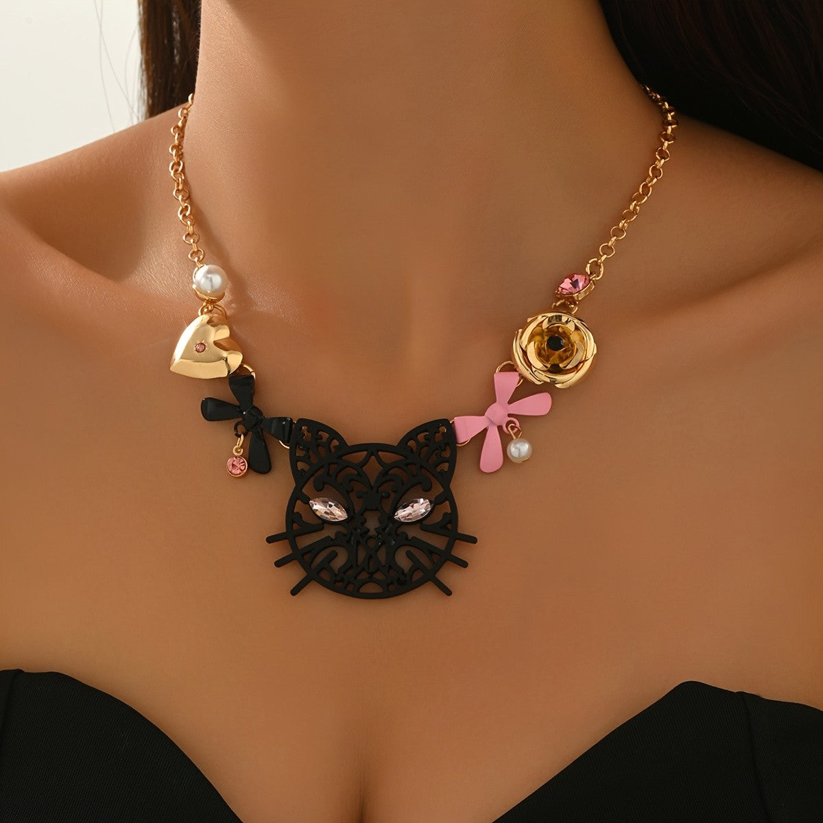 Whimsical Cat Bow Statement Necklace