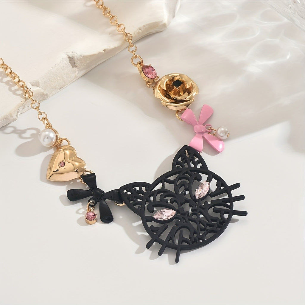 Whimsical Cat Bow Statement Necklace
