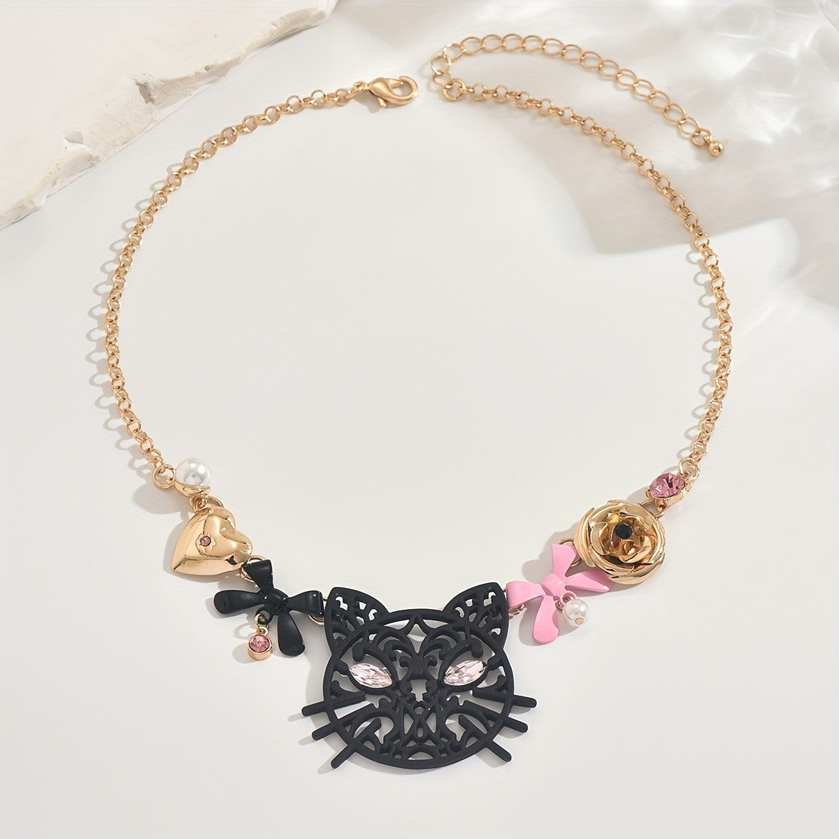 Whimsical Cat Bow Statement Necklace