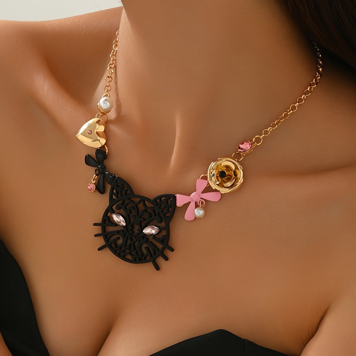 Whimsical Cat Bow Statement Necklace