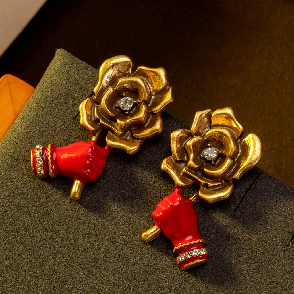 Rose Flower Red Hand Drop Earrings