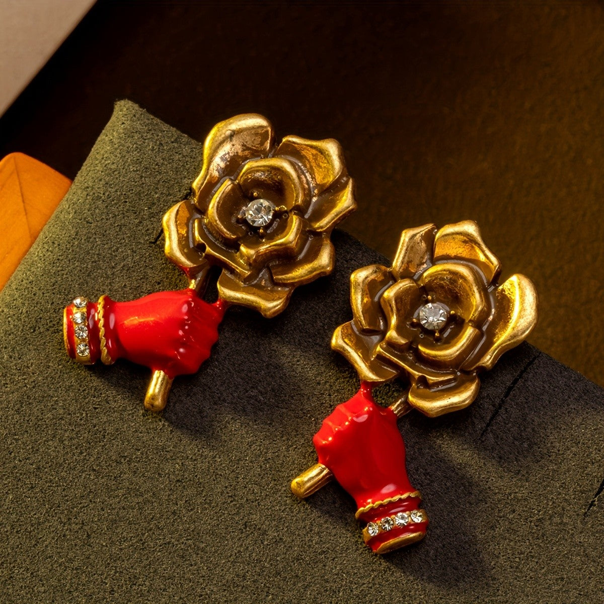 Rose Flower Red Hand Drop Earrings