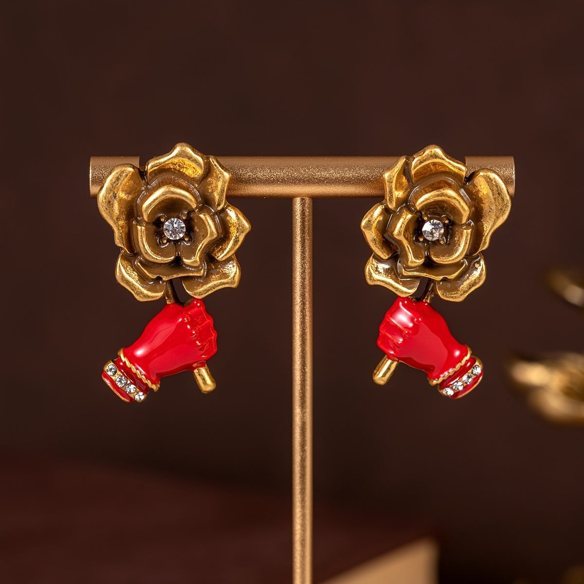 Rose Flower Red Hand Drop Earrings