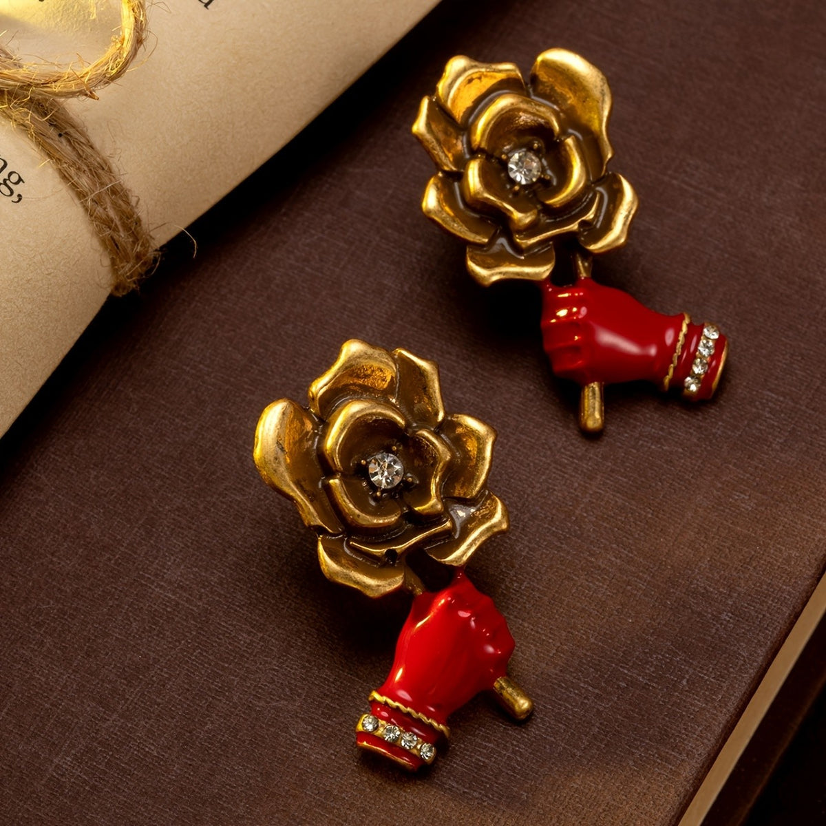 Rose Flower Red Hand Drop Earrings