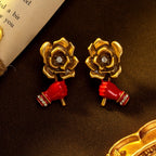 Rose Flower Red Hand Drop Earrings