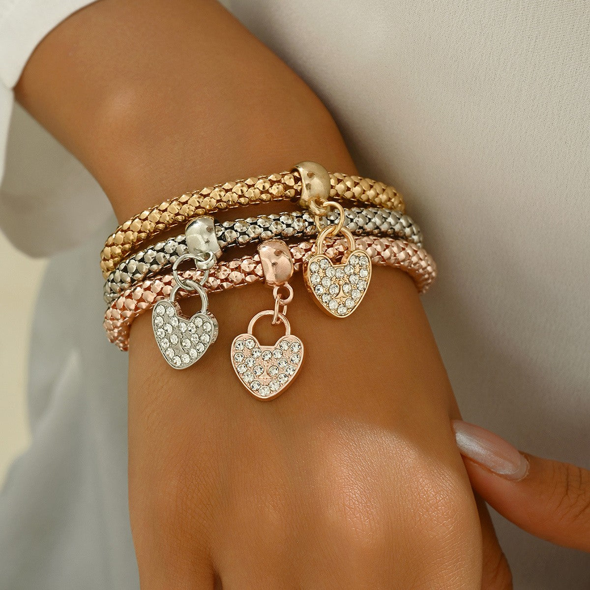 3pc Pave Heart Stretch Bracelet Set